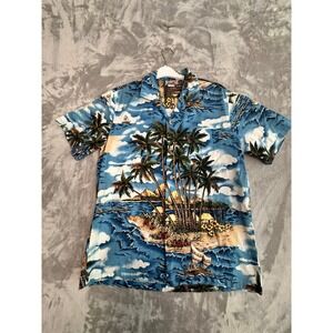 Evergreen Island‎ Hawaiian Shirt Men's M Blue Tropical Palm Trees Made in Hawaii